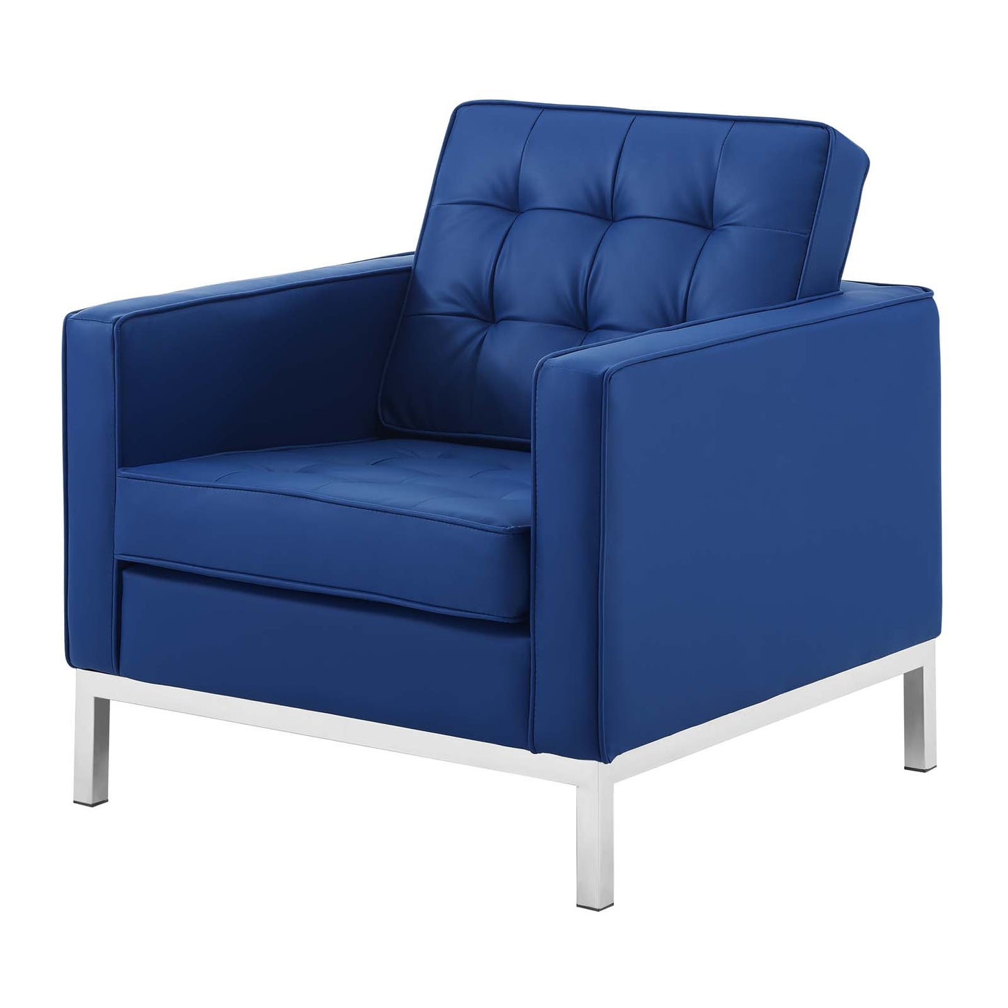 Loft Tufted Upholstered Faux Leather Armchair Set of 2, Faux Leather, Silver Blue Navy, 19219