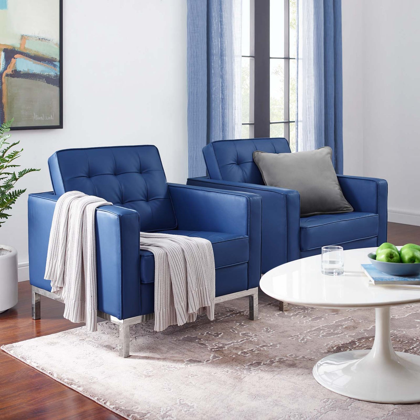 Loft Tufted Upholstered Faux Leather Armchair Set of 2, Faux Leather, Silver Blue Navy, 19219