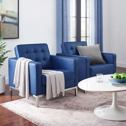 Loft Tufted Upholstered Faux Leather Armchair Set of 2, Faux Leather, Silver Blue Navy, 19219