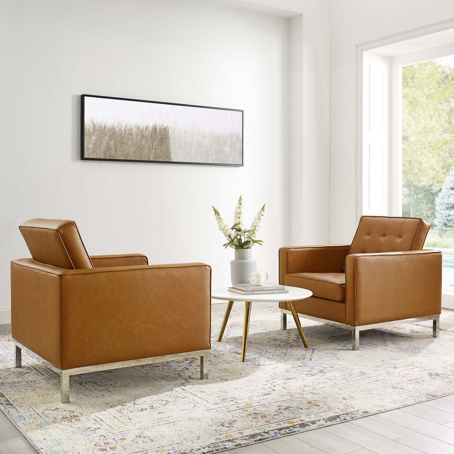 Loft Tufted Upholstered Faux Leather Armchair Set of 2, Faux Leather, Silver Tan, 19220