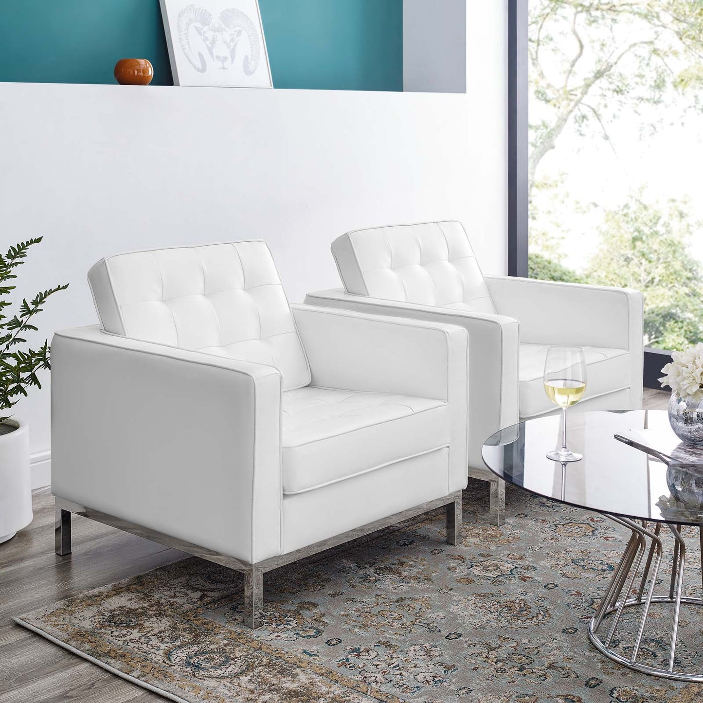 Loft Tufted Upholstered Faux Leather Armchair Set of 2, Faux Leather, Silver White, 19221