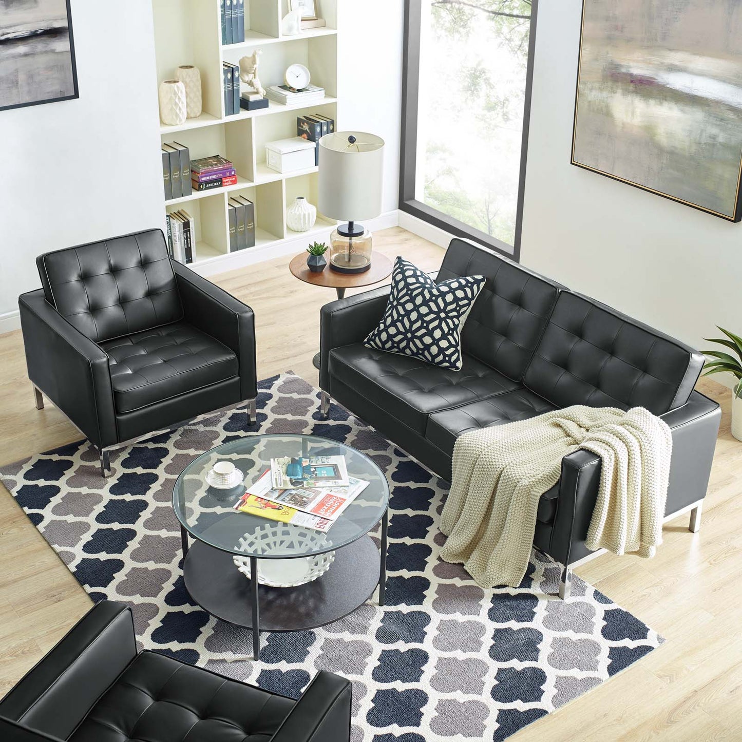 Loft Tufted Upholstered Faux Leather Loveseat and Armchair Set, Faux Leather, Silver Black, 19222