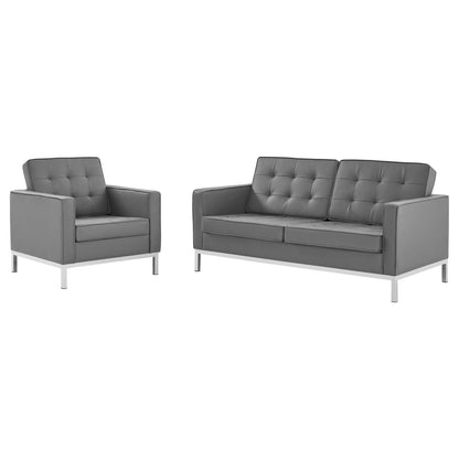 Loft Tufted Upholstered Faux Leather Loveseat and Armchair Set, Faux Leather, Silver Grey Gray, 19223
