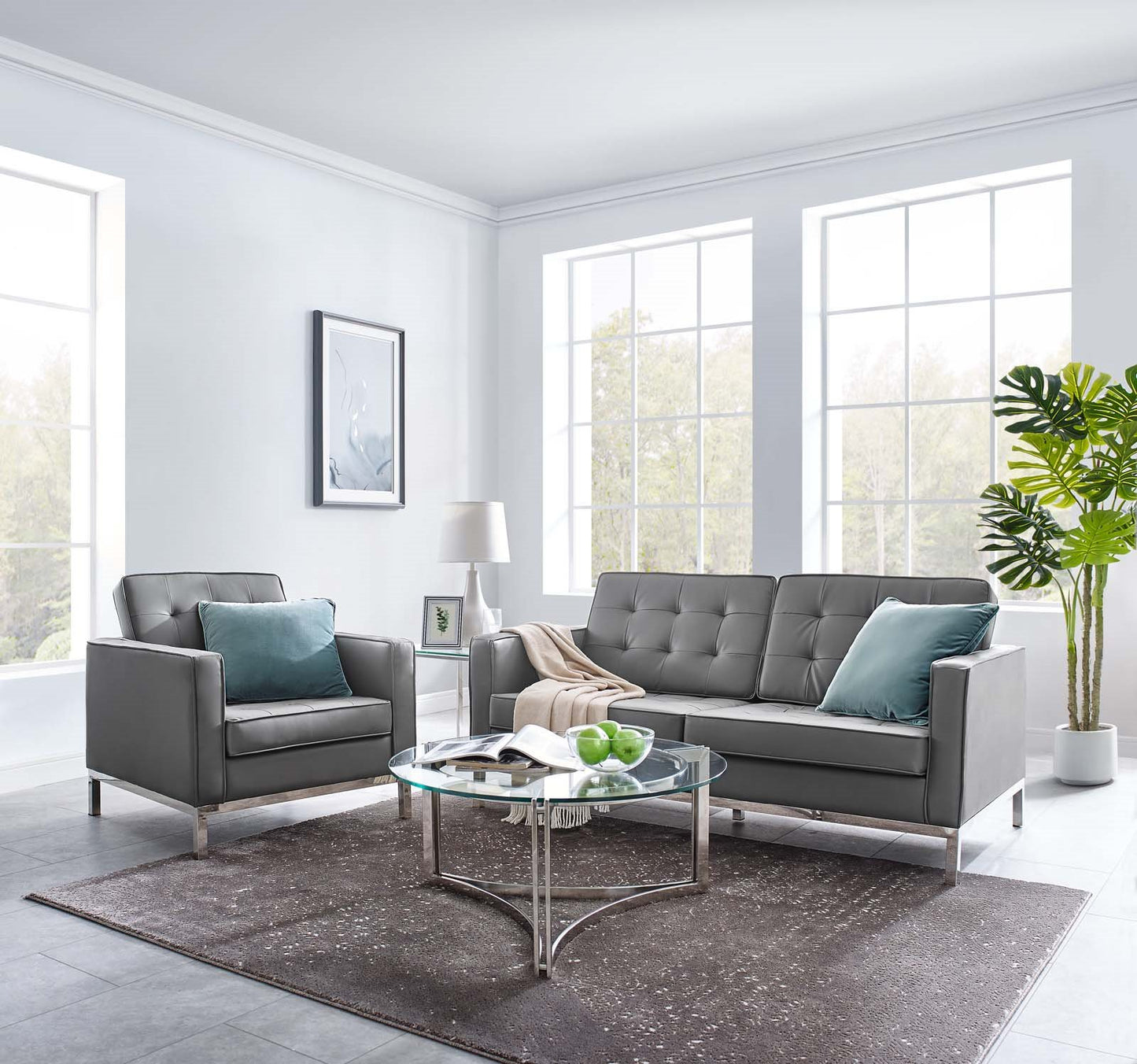 Loft Tufted Upholstered Faux Leather Loveseat and Armchair Set, Faux Leather, Silver Grey Gray, 19223