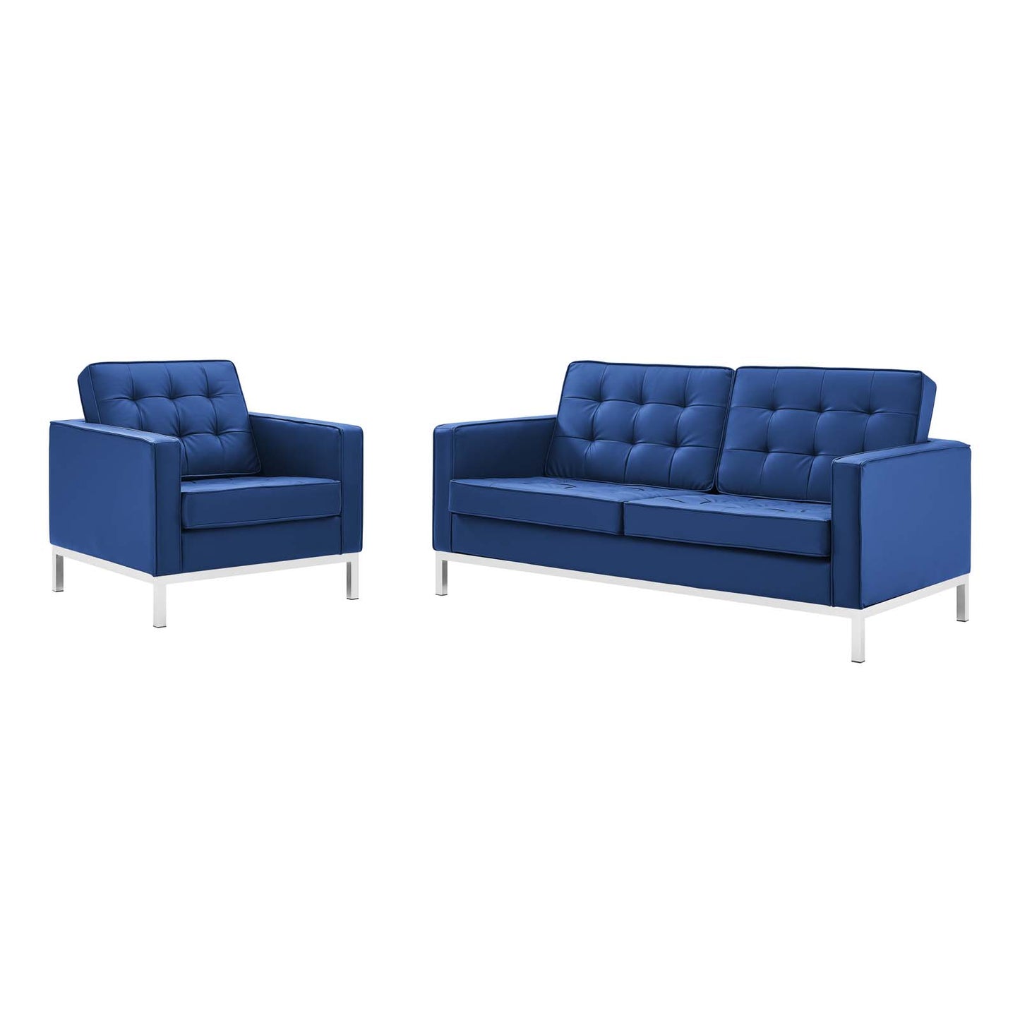 Loft Tufted Upholstered Faux Leather Loveseat and Armchair Set, Faux Leather, Silver Blue Navy, 19224