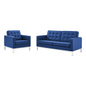 Loft Tufted Upholstered Faux Leather Loveseat and Armchair Set, Faux Leather, Silver Blue Navy, 19224