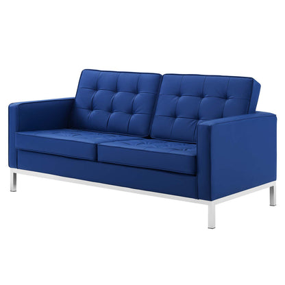 Loft Tufted Upholstered Faux Leather Loveseat and Armchair Set, Faux Leather, Silver Blue Navy, 19224