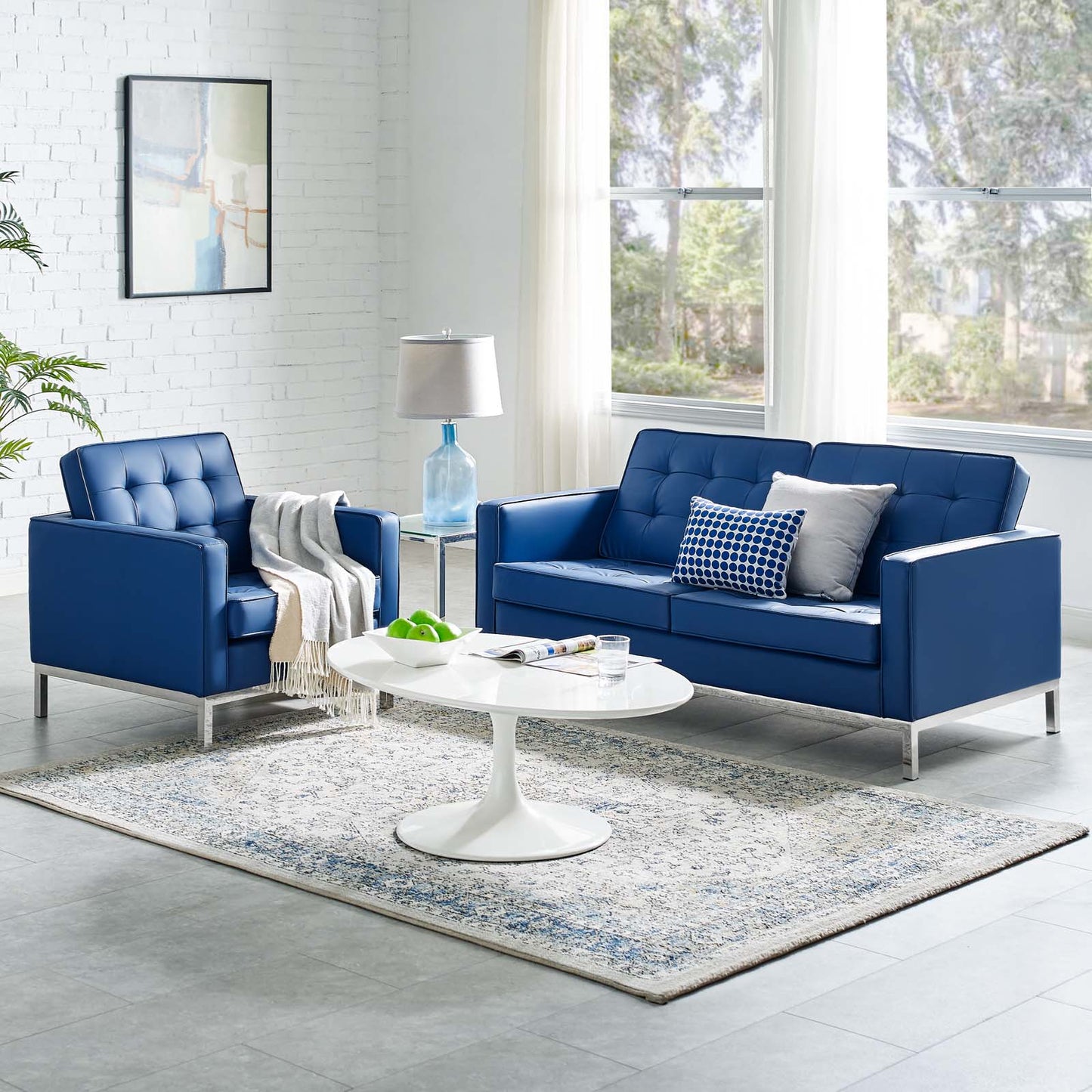 Loft Tufted Upholstered Faux Leather Loveseat and Armchair Set, Faux Leather, Silver Blue Navy, 19224