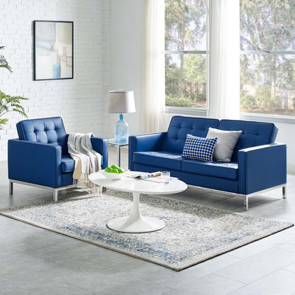 Loft Tufted Upholstered Faux Leather Loveseat and Armchair Set, Faux Leather, Silver Blue Navy, 19224