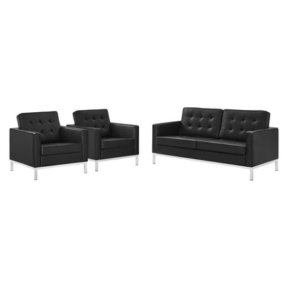 Loft 3 Piece Tufted Upholstered Faux Leather Set, Faux Leather, Silver Black, 19227
