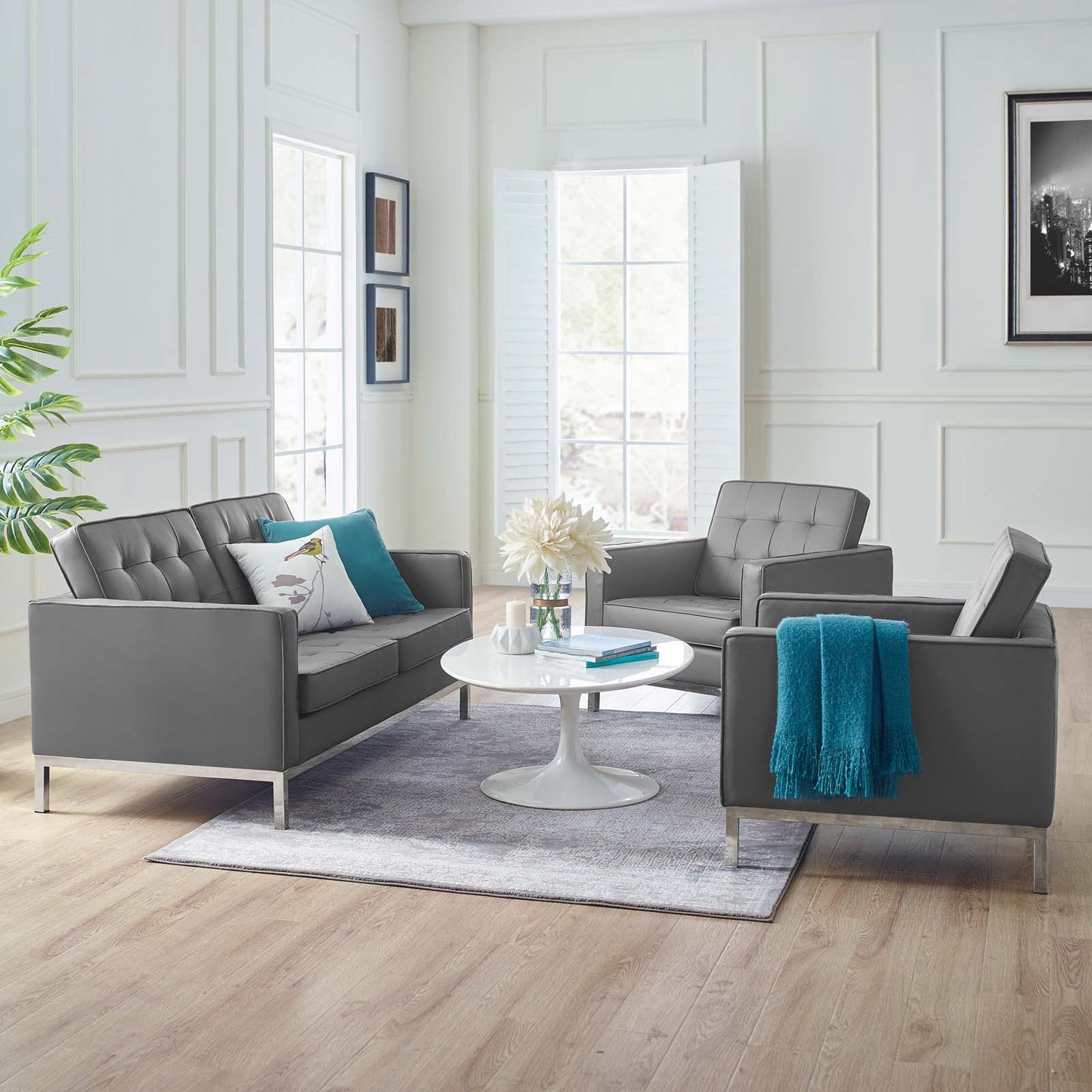 Loft 3 Piece Tufted Upholstered Faux Leather Set, Faux Leather, Silver Grey Gray, 19228