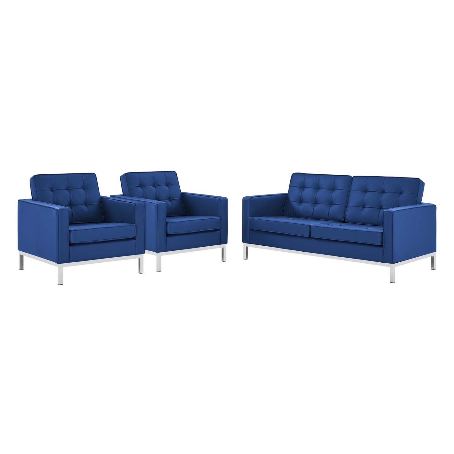 Loft 3 Piece Tufted Upholstered Faux Leather Set, Faux Leather, Silver Blue Navy, 19229