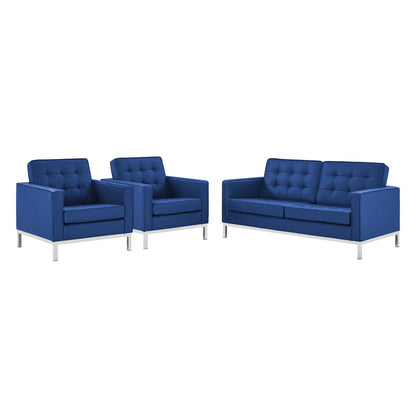 Loft 3 Piece Tufted Upholstered Faux Leather Set, Faux Leather, Silver Blue Navy, 19229