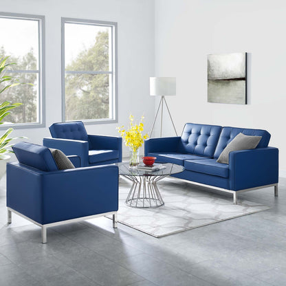 Loft 3 Piece Tufted Upholstered Faux Leather Set, Faux Leather, Silver Blue Navy, 19229