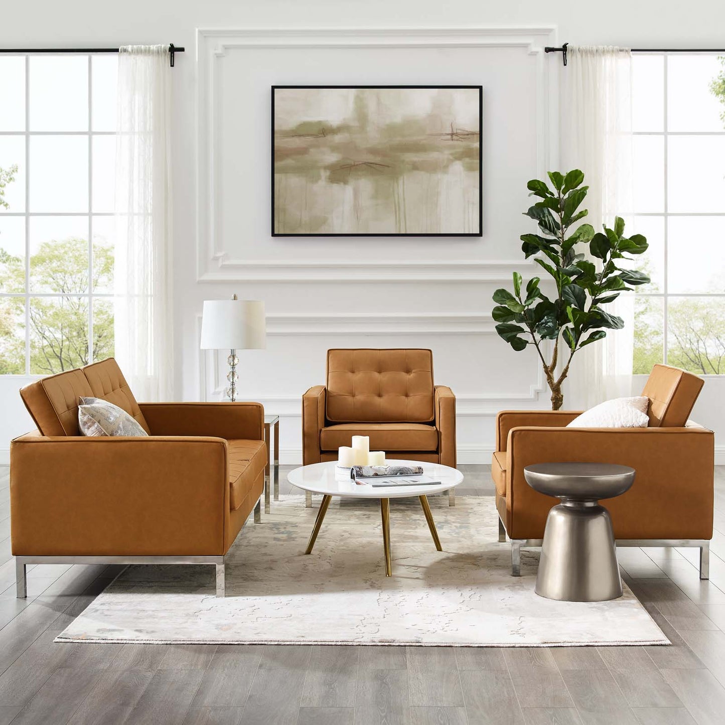 Loft 3 Piece Tufted Upholstered Faux Leather Set, Faux Leather, Silver Tan, 19230