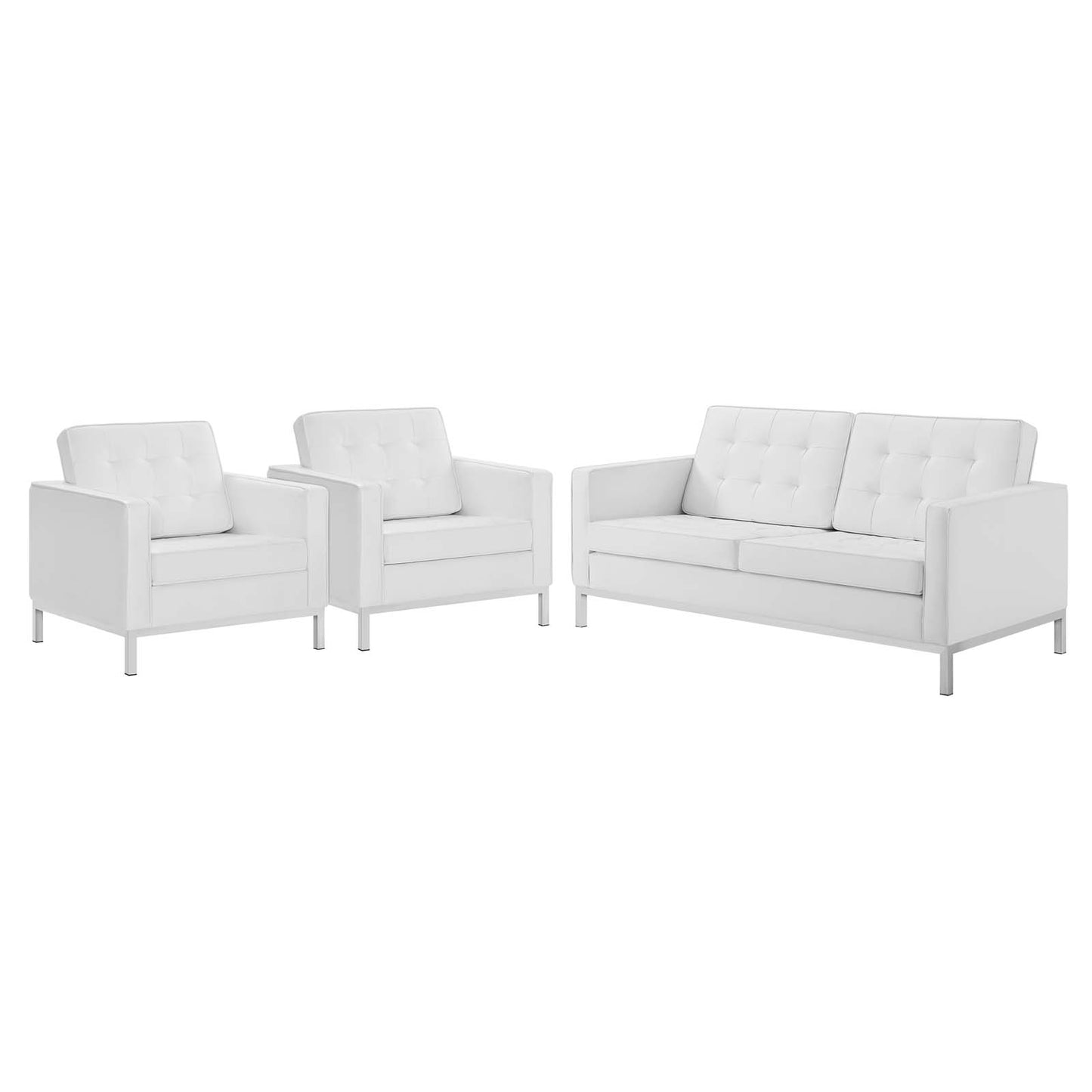 Loft 3 Piece Tufted Upholstered Faux Leather Set, Faux Leather, Silver White, 19231
