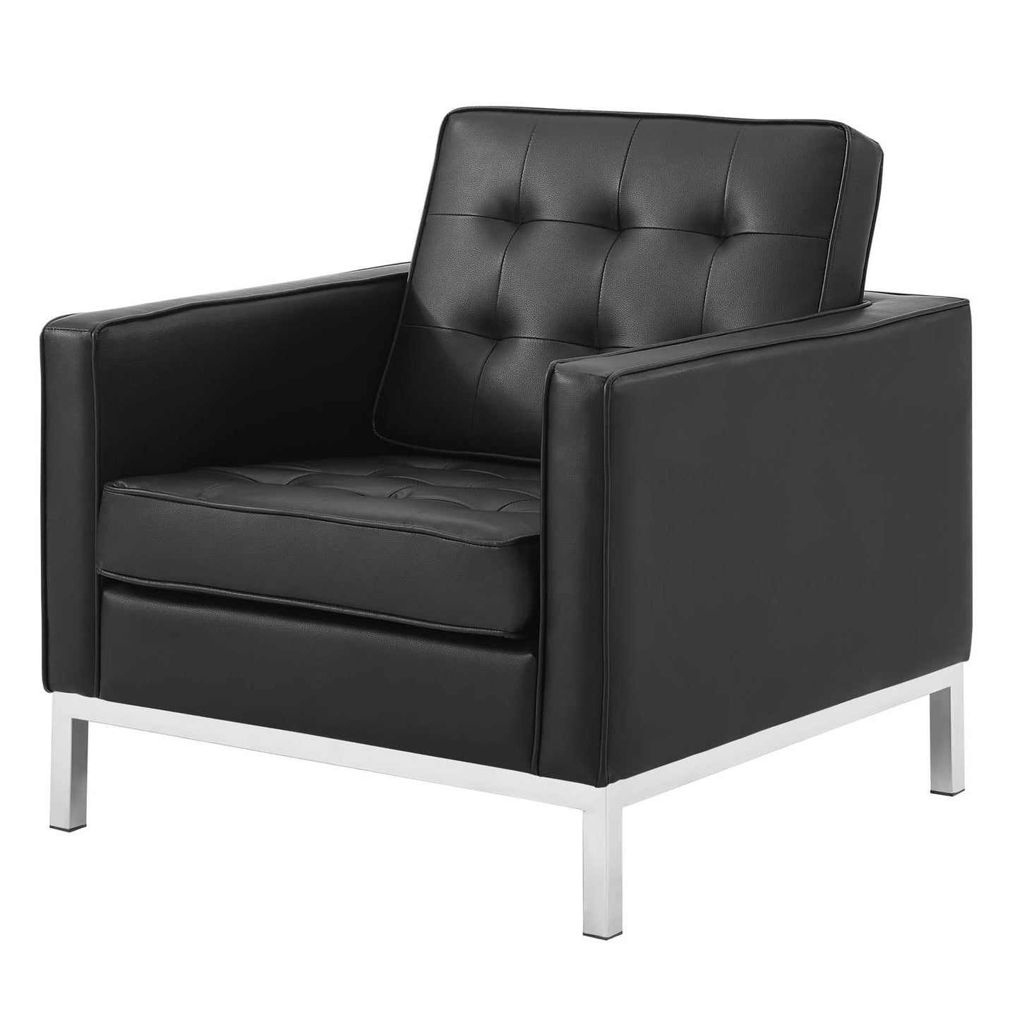 Loft Tufted Upholstered Faux Leather Sofa and Armchair Set, Faux Leather, Silver Black, 19232