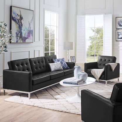 Loft Tufted Upholstered Faux Leather Sofa and Armchair Set, Faux Leather, Silver Black, 19232