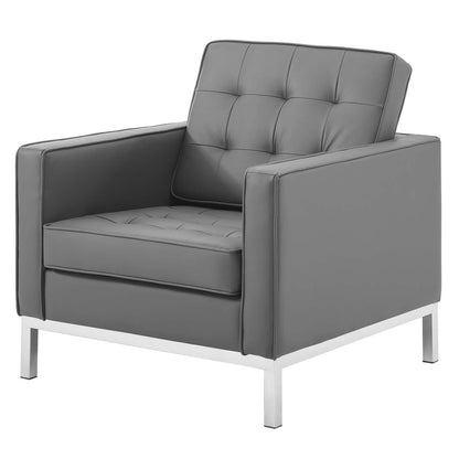 Loft Tufted Upholstered Faux Leather Sofa and Armchair Set, Faux Leather, Silver Grey Gray, 19233