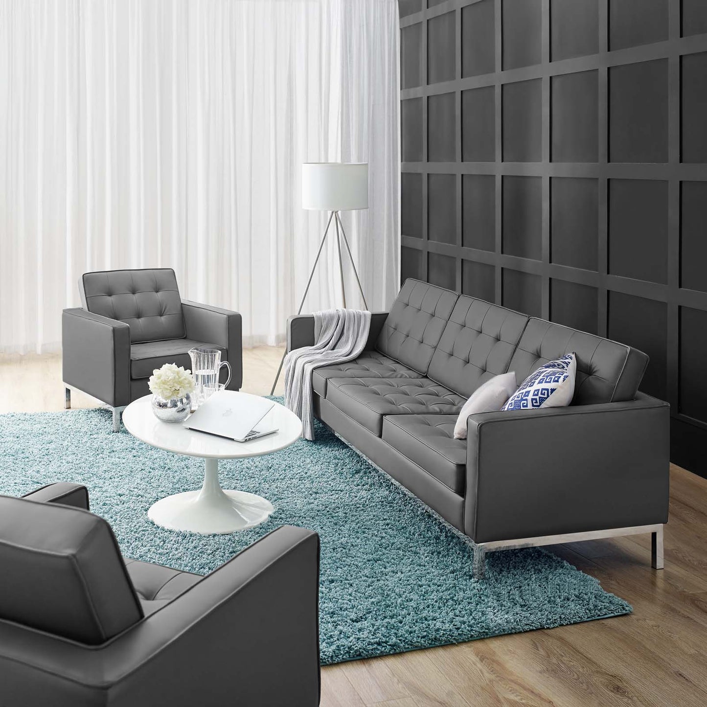 Loft Tufted Upholstered Faux Leather Sofa and Armchair Set, Faux Leather, Silver Grey Gray, 19233