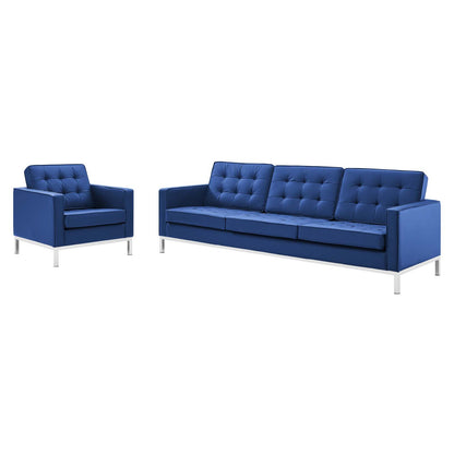 Loft Tufted Upholstered Faux Leather Sofa and Armchair Set, Faux Leather, Silver Blue Navy, 19234