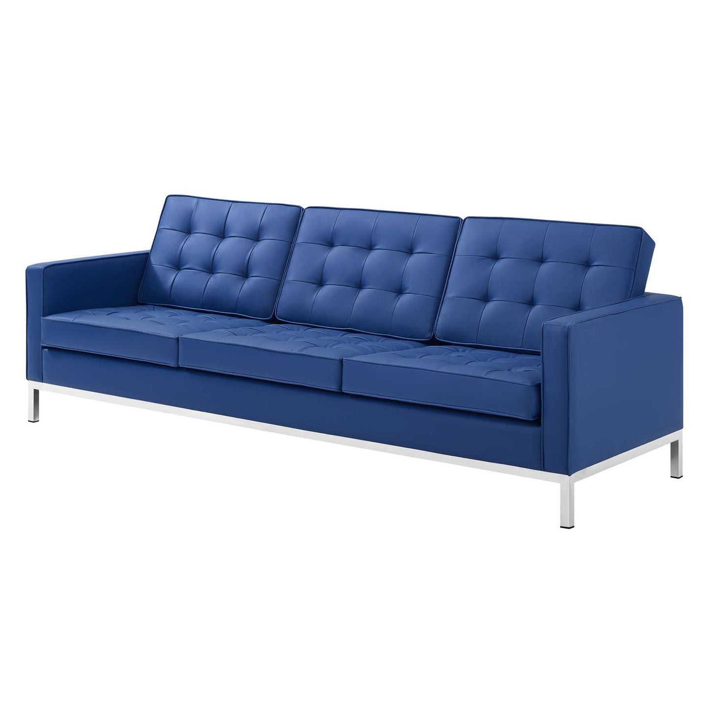 Loft Tufted Upholstered Faux Leather Sofa and Armchair Set, Faux Leather, Silver Blue Navy, 19234
