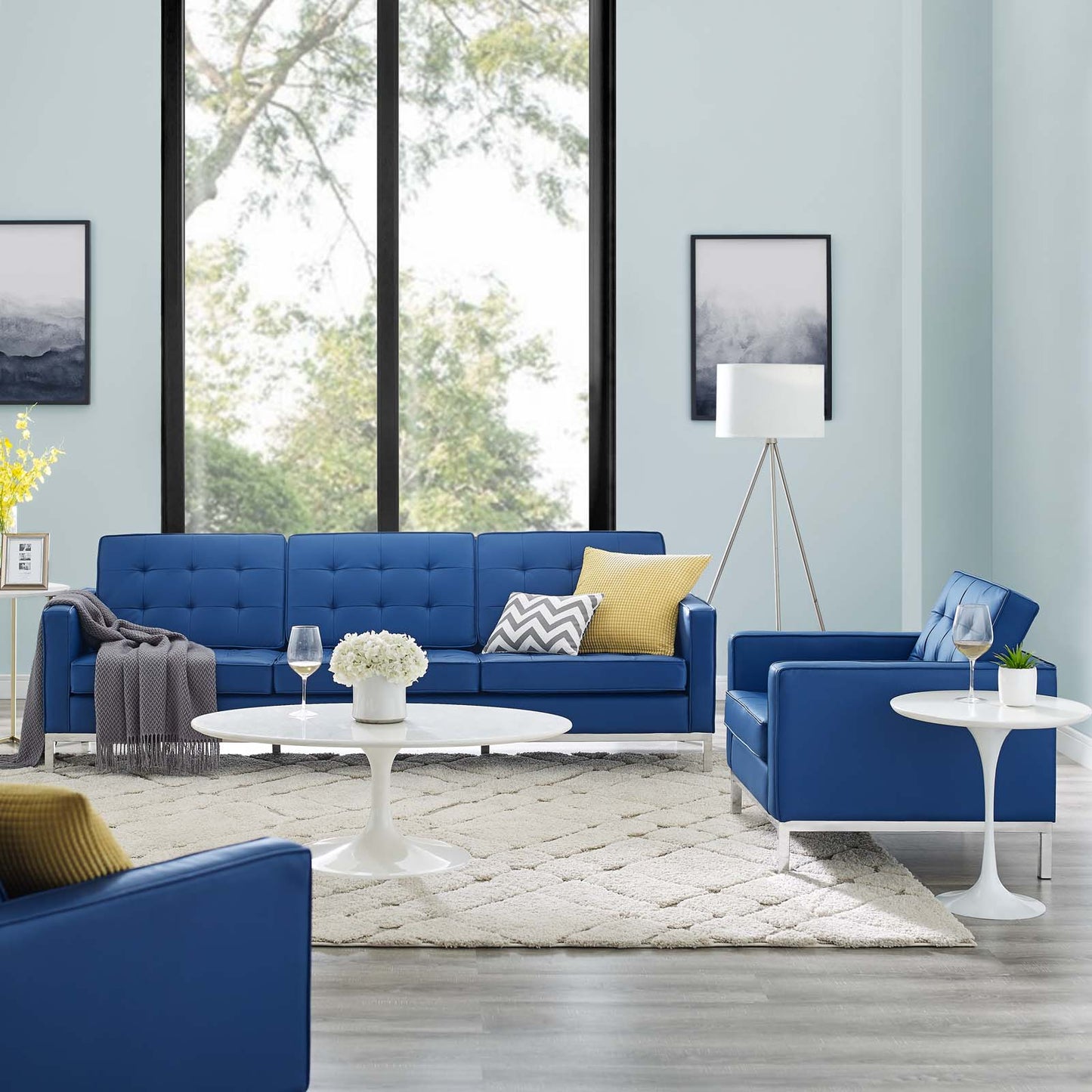 Loft Tufted Upholstered Faux Leather Sofa and Armchair Set, Faux Leather, Silver Blue Navy, 19234
