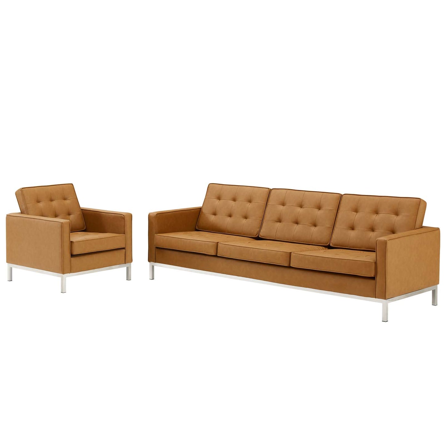 Loft Tufted Upholstered Faux Leather Sofa and Armchair Set, Faux Leather, Silver Tan, 19235