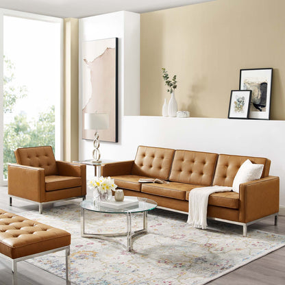 Loft Tufted Upholstered Faux Leather Sofa and Armchair Set, Faux Leather, Silver Tan, 19235