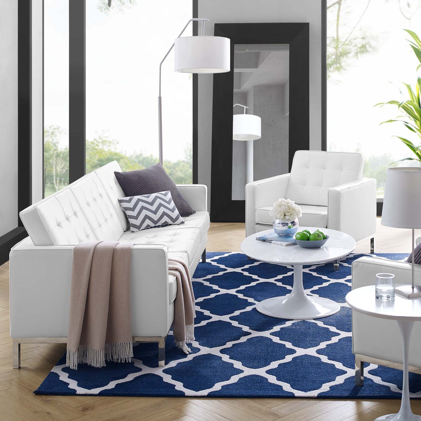 Loft Tufted Upholstered Faux Leather Sofa and Armchair Set, Faux Leather, Silver White, 19236