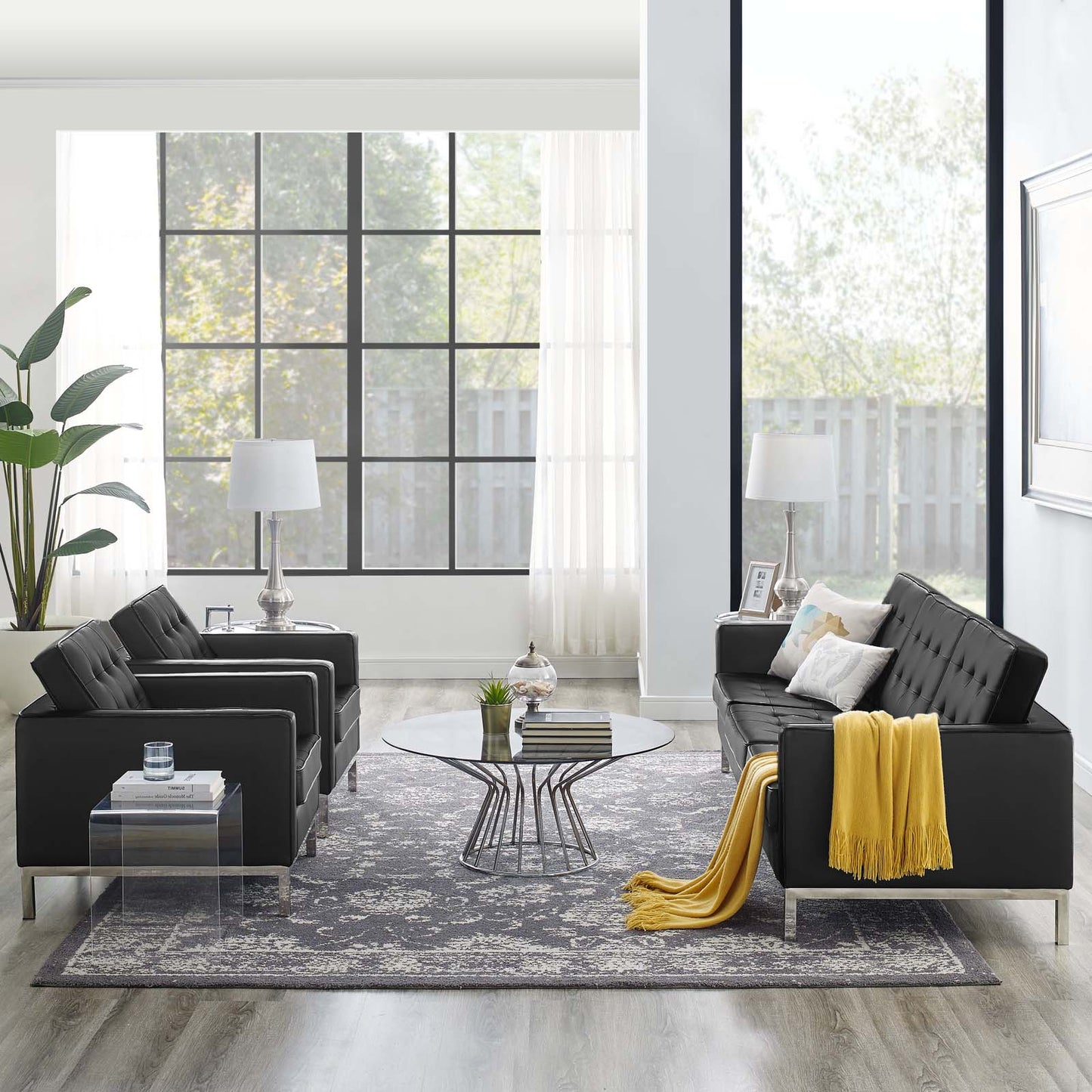 Loft 3 Piece Tufted Upholstered Faux Leather Set, Faux Leather, Silver Black, 19237