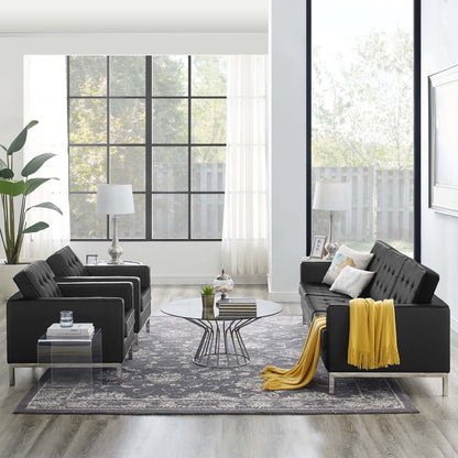 Loft 3 Piece Tufted Upholstered Faux Leather Set, Faux Leather, Silver Black, 19237