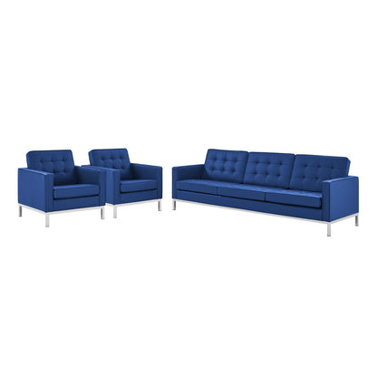Loft 3 Piece Tufted Upholstered Faux Leather Set, Faux Leather, Silver Blue Navy, 19239