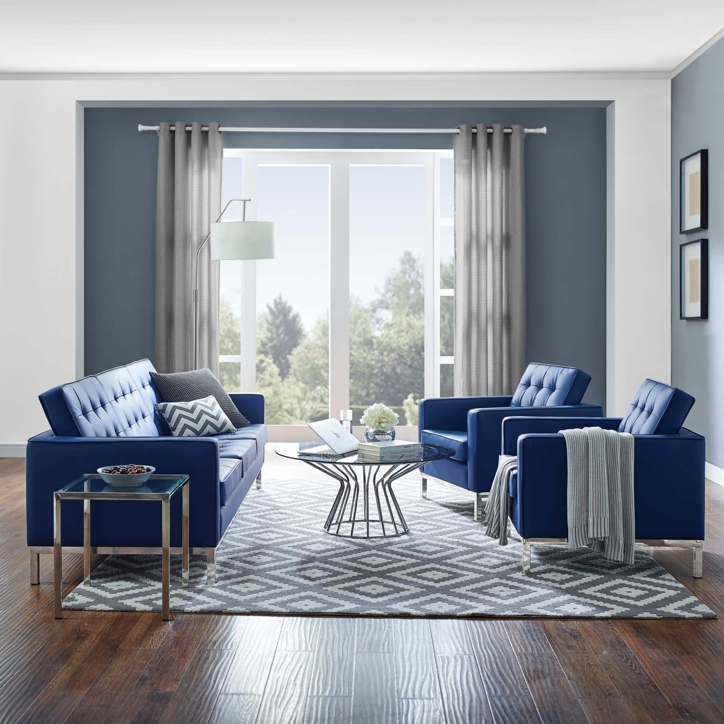 Loft 3 Piece Tufted Upholstered Faux Leather Set, Faux Leather, Silver Blue Navy, 19239