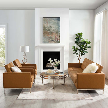 Loft 3 Piece Tufted Upholstered Faux Leather Set, Faux Leather, Silver Tan, 19240