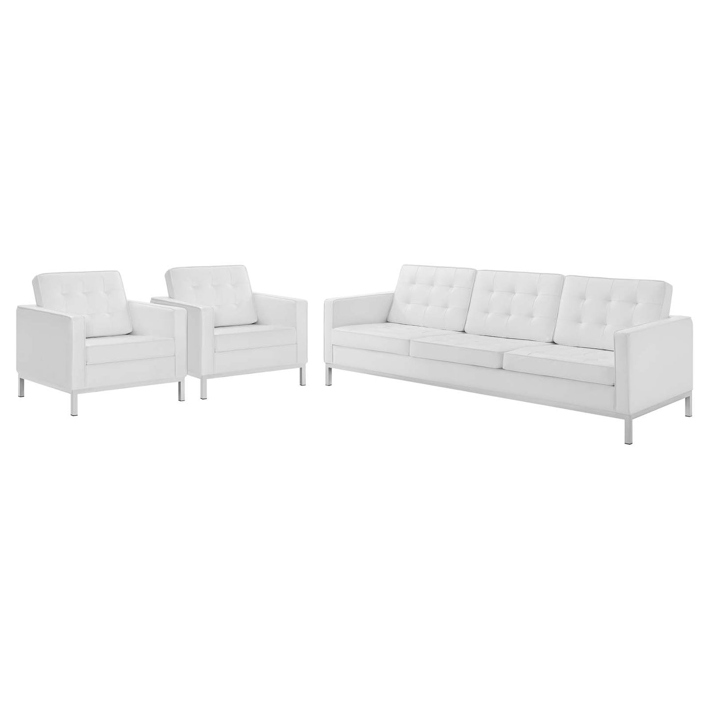 Loft 3 Piece Tufted Upholstered Faux Leather Set, Faux Leather, Silver White, 19241