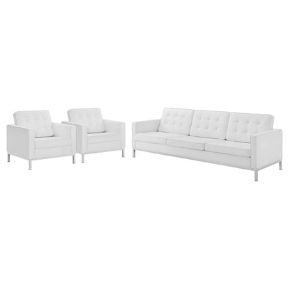 Loft 3 Piece Tufted Upholstered Faux Leather Set, Faux Leather, Silver White, 19241