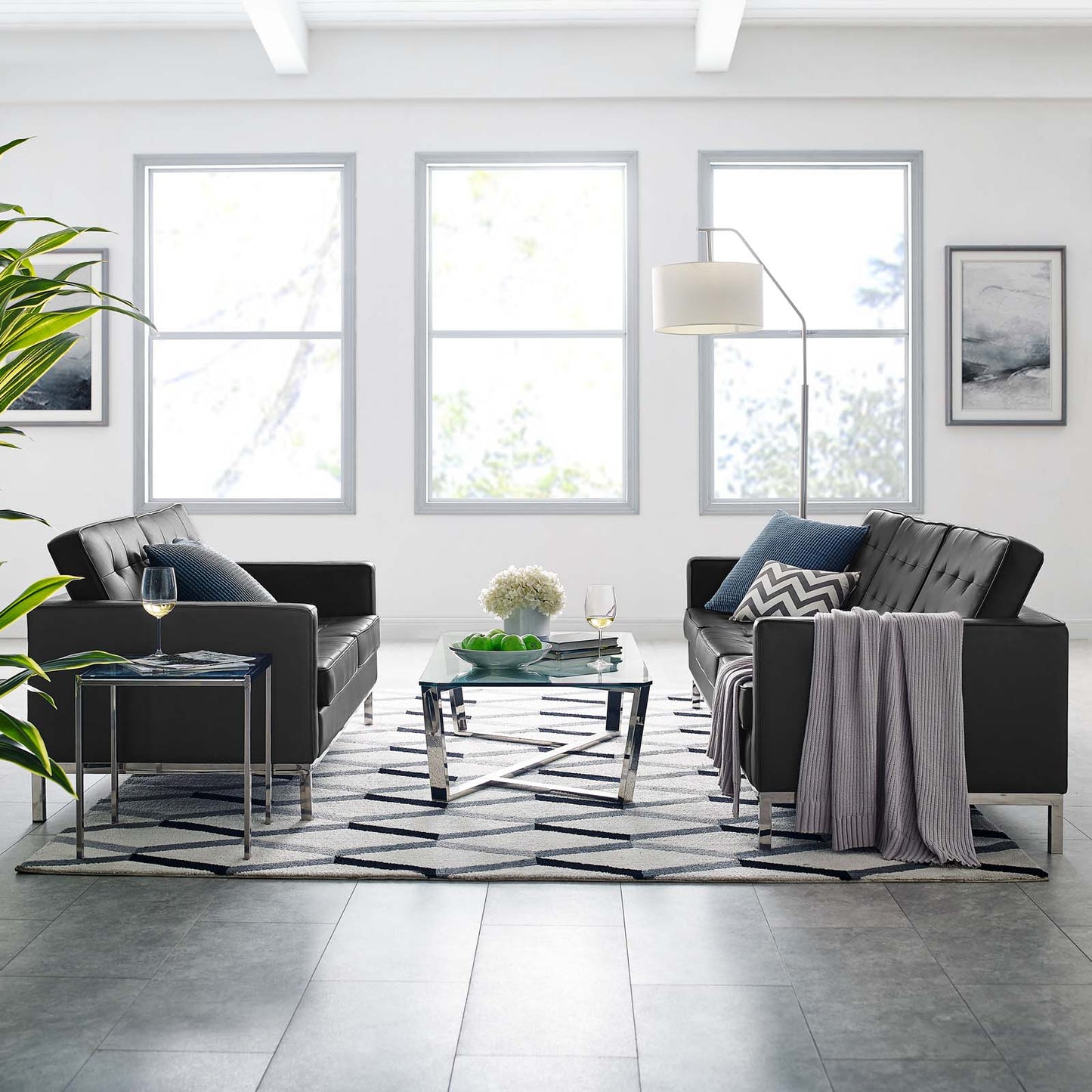Loft Tufted Upholstered Faux Leather Sofa and Loveseat Set, Faux Leather, Silver Black, 19242