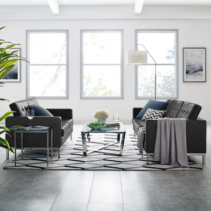 Loft Tufted Upholstered Faux Leather Sofa and Loveseat Set, Faux Leather, Silver Black, 19242