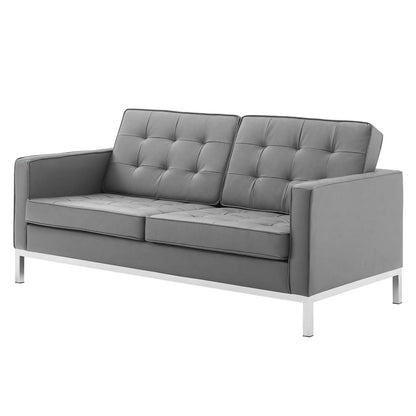 Loft Tufted Upholstered Faux Leather Sofa and Loveseat Set, Faux Leather, Silver Grey Gray, 19243