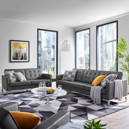 Loft Tufted Upholstered Faux Leather Sofa and Loveseat Set, Faux Leather, Silver Grey Gray, 19243