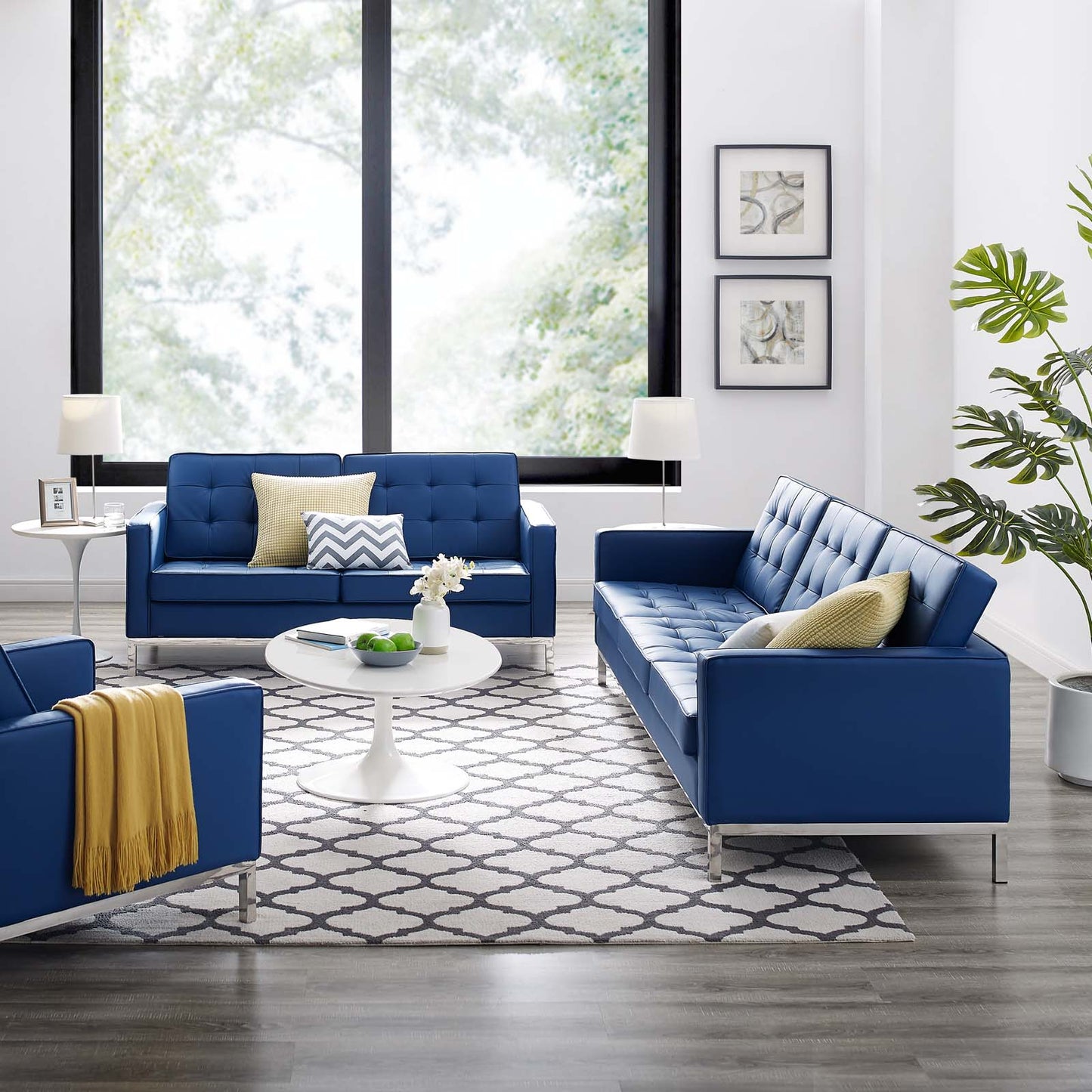 Loft Tufted Upholstered Faux Leather Sofa and Loveseat Set, Faux Leather, Silver Blue Navy, 19244