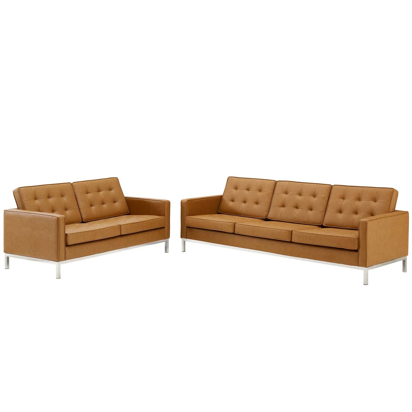 Loft Tufted Upholstered Faux Leather Sofa and Loveseat Set, Faux Leather, Silver Tan, 19245
