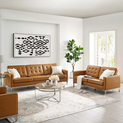 Loft Tufted Upholstered Faux Leather Sofa and Loveseat Set, Faux Leather, Silver Tan, 19245