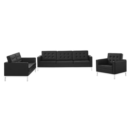 Loft Tufted Upholstered Faux Leather 3 Piece Set, Faux Leather, Silver Black, 19247
