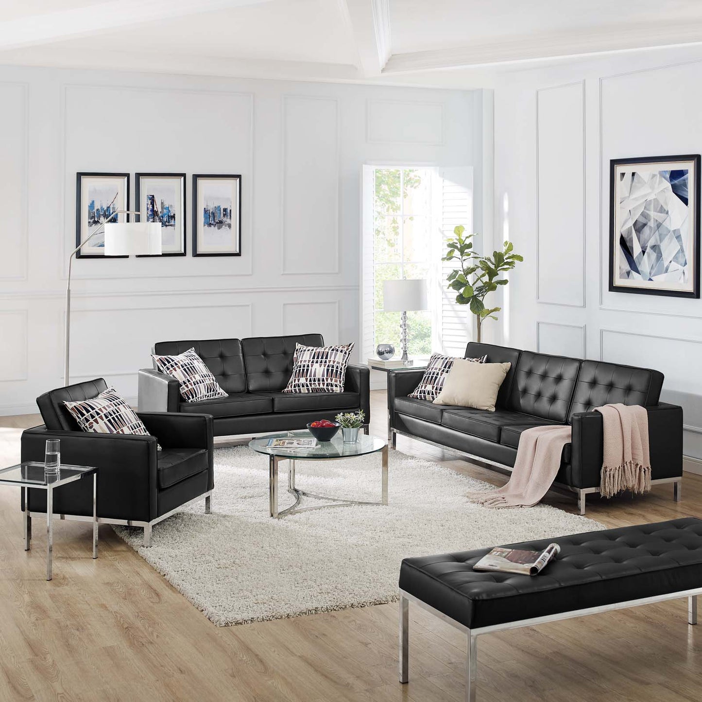 Loft Tufted Upholstered Faux Leather 3 Piece Set, Faux Leather, Silver Black, 19247