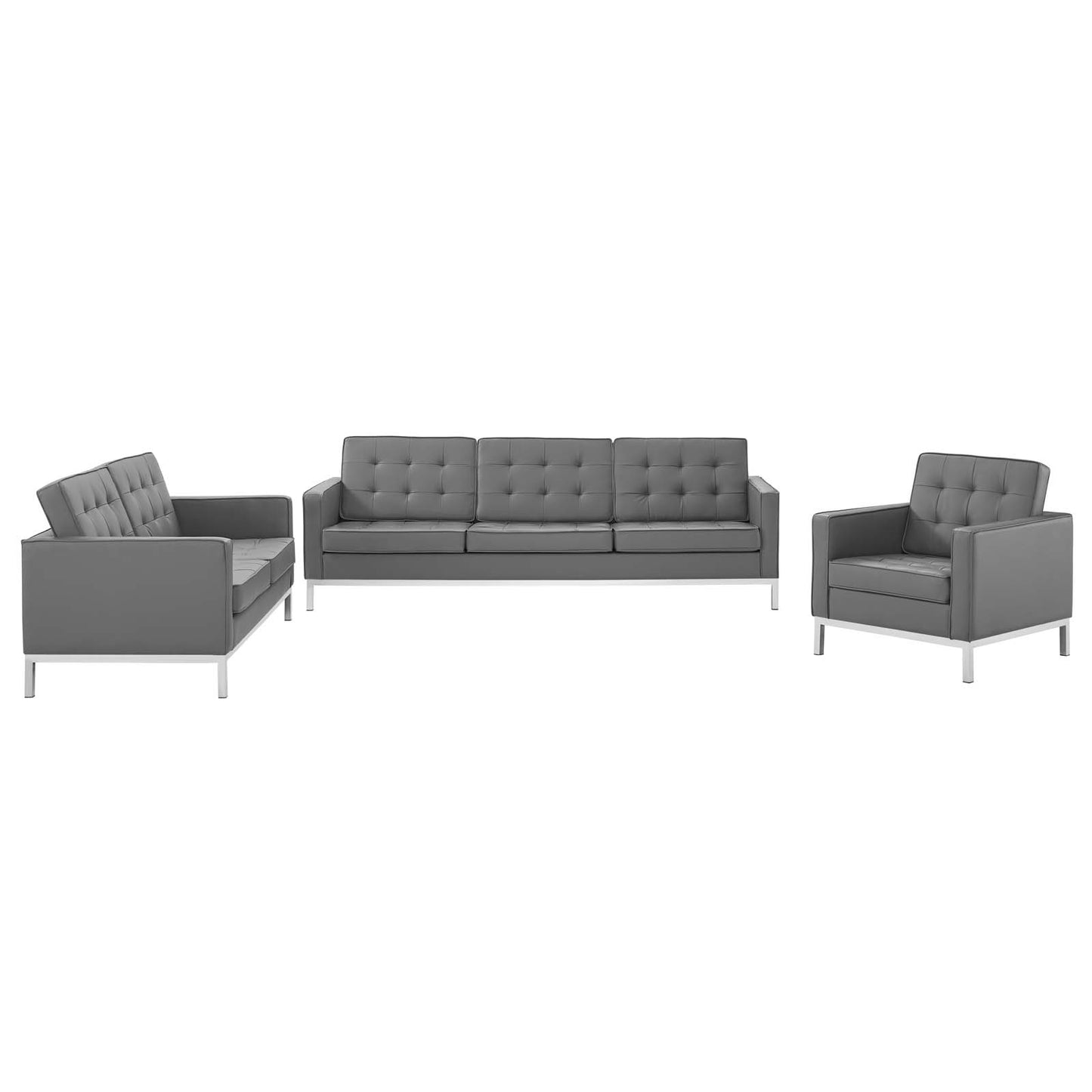 Loft Tufted Upholstered Faux Leather 3 Piece Set, Faux Leather, Silver Grey Gray, 19248