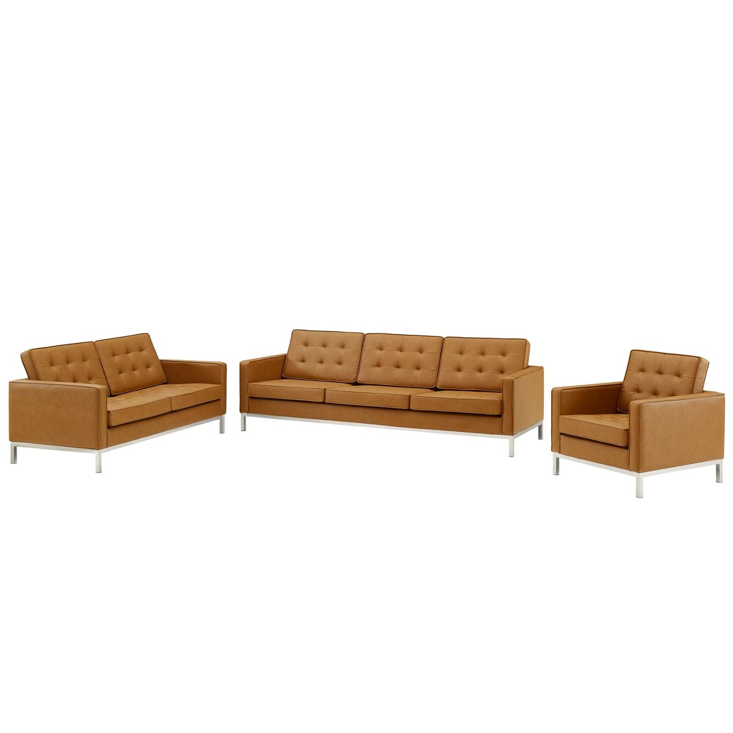 Loft Tufted Upholstered Faux Leather 3 Piece Set, Faux Leather, Silver Tan, 19250