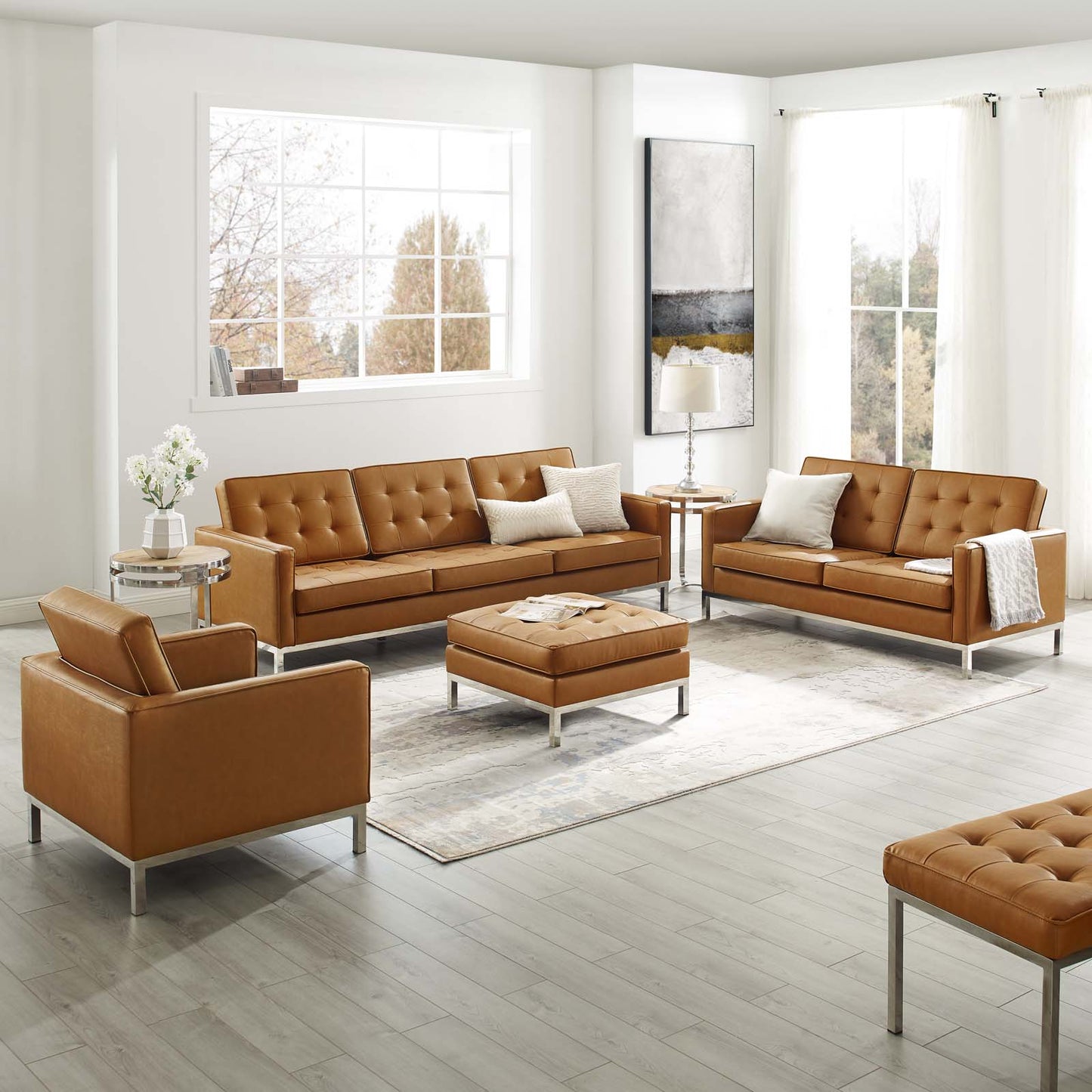 Loft Tufted Upholstered Faux Leather 3 Piece Set, Faux Leather, Silver Tan, 19250