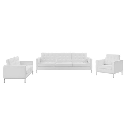 Loft Tufted Upholstered Faux Leather 3 Piece Set, Faux Leather, Silver White, 19251